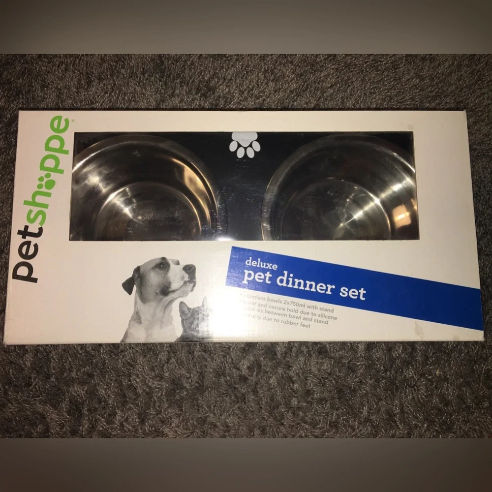 Petshoppe Pet Dinner Set Stainless Steel Bowls Elevated Black Wood Frame Dog Cat